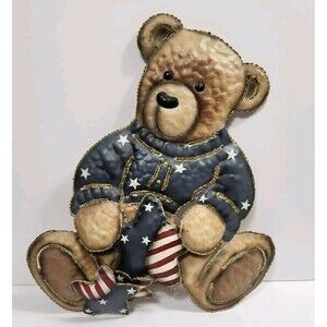 Kids Metal Art American Flag Bear Wall Hanging Americana Decor Stars & Stripes